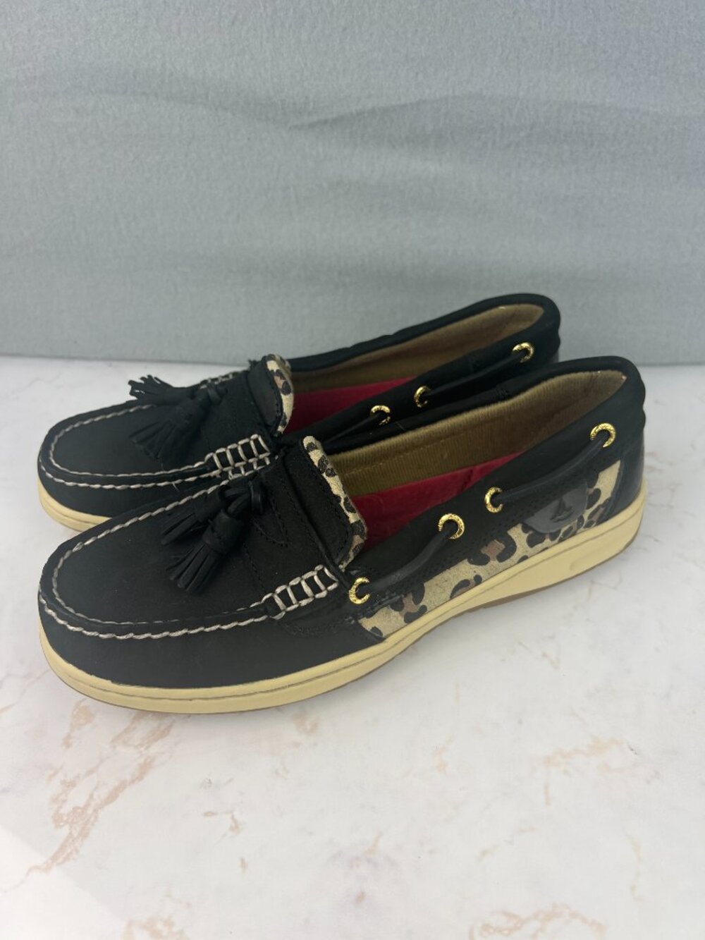 Sperry Top Sider Leopard Print Black Angelfish Boat Shoe Loafer Women's 6.5M